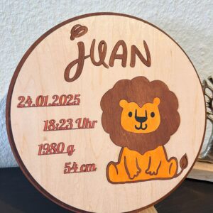 Personalisierter Geburtsteller mit wählbarem Motiv – 24x1cm Handgemachte Holzdeko mit Geburtsdaten