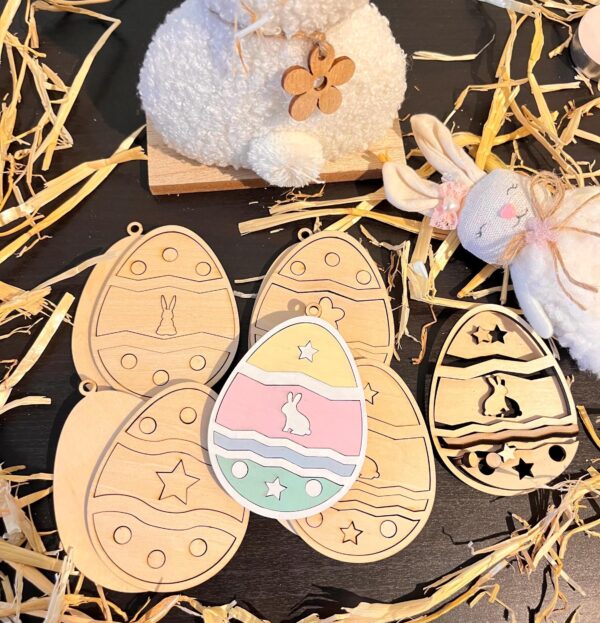 4x DIY Ostereier Set - Holzanhänger zum Bemalen und Basteln, 4x unterschiedliche Motive – Bild 5