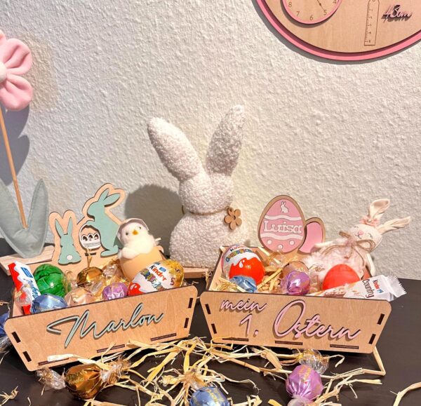 Individualisiertes Osterkörbchen aus Holz mit Namen, filigran ausgeschnitten, handbemalt